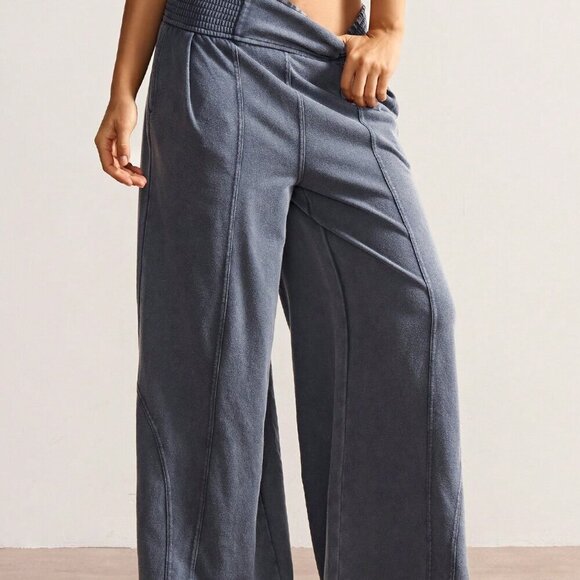 Grey Casual Women's Loose Wide Leg Washed Pants - Picture 4 of 7